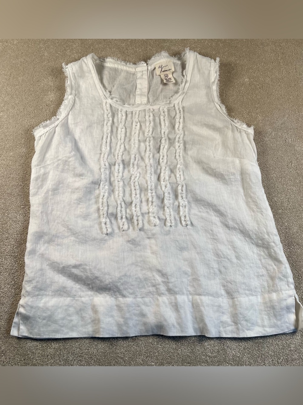 100% Linen Top Sleeveless White Andrea Jovine Ruffle Front Button Back Women's M